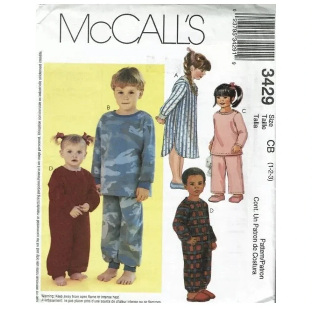 McCalls 3429 Sewing Pattern Toddler Jumpsuit Nightshirt Top Pants Size 1-2-3